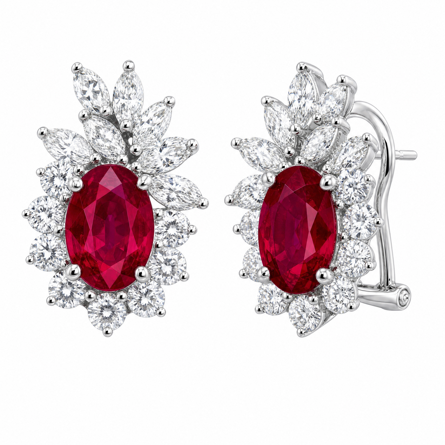 1REEJ394BW W-2 front and turned view showing French clip backing - oval ruby and marquise diamond clip earrings