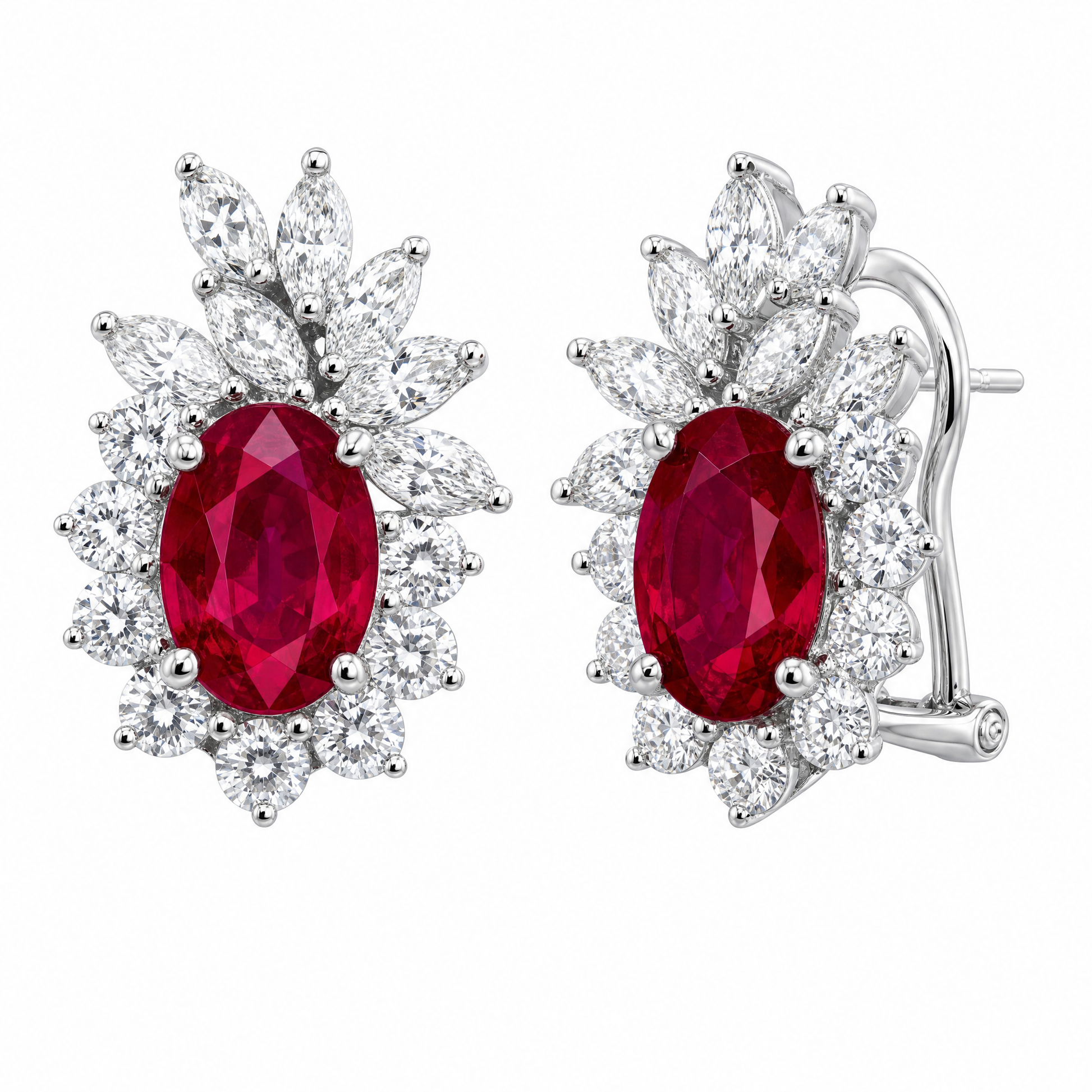 1REEJ394BW W-2 front and turned view showing French clip backing - oval ruby and marquise diamond clip earrings