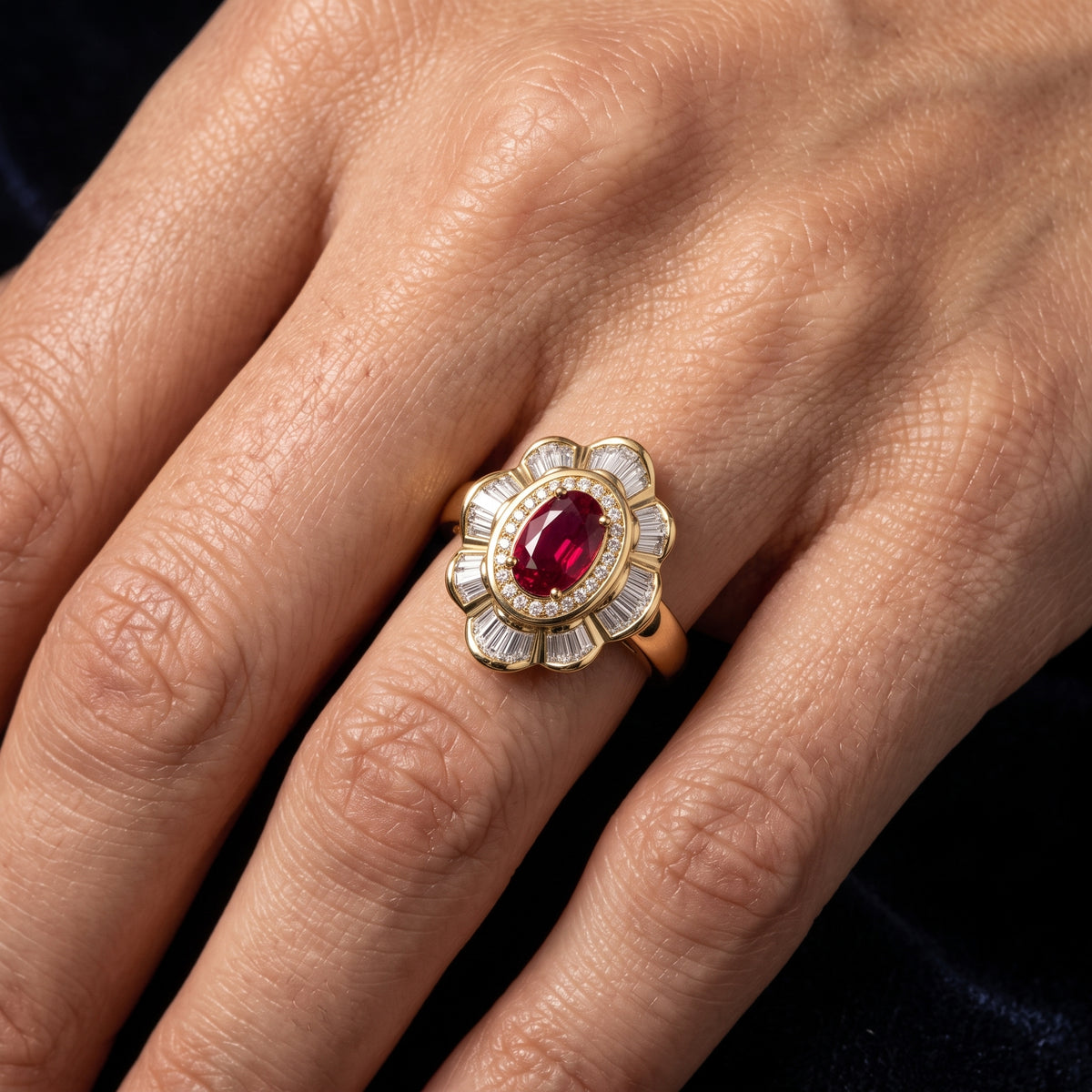 1.50 Carat Oval Ruby Ballerina Ring with Diamond Halo