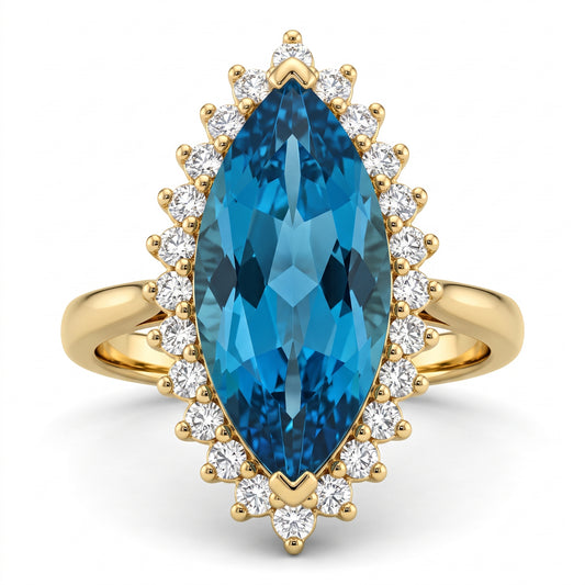 7x14mm Marquise Blue Topaz & 24-Diamond Ring