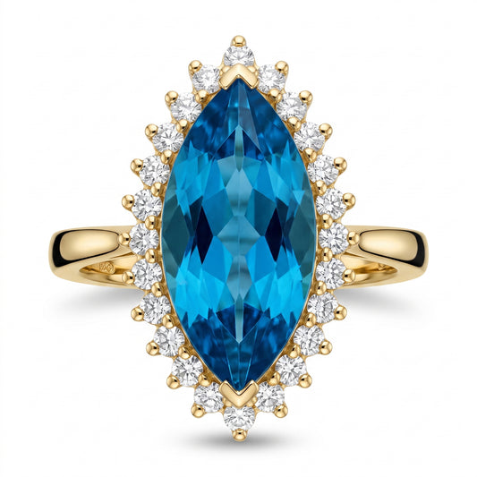 7x14mm Marquise Blue Topaz & 24-Diamond Ring