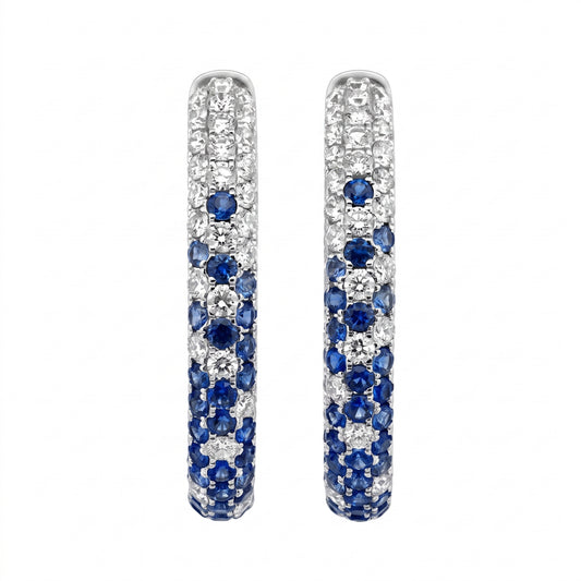 2.61 Carat Sapphire and Diamond Hombre Oval Hoop Earrings in 18K White Gold