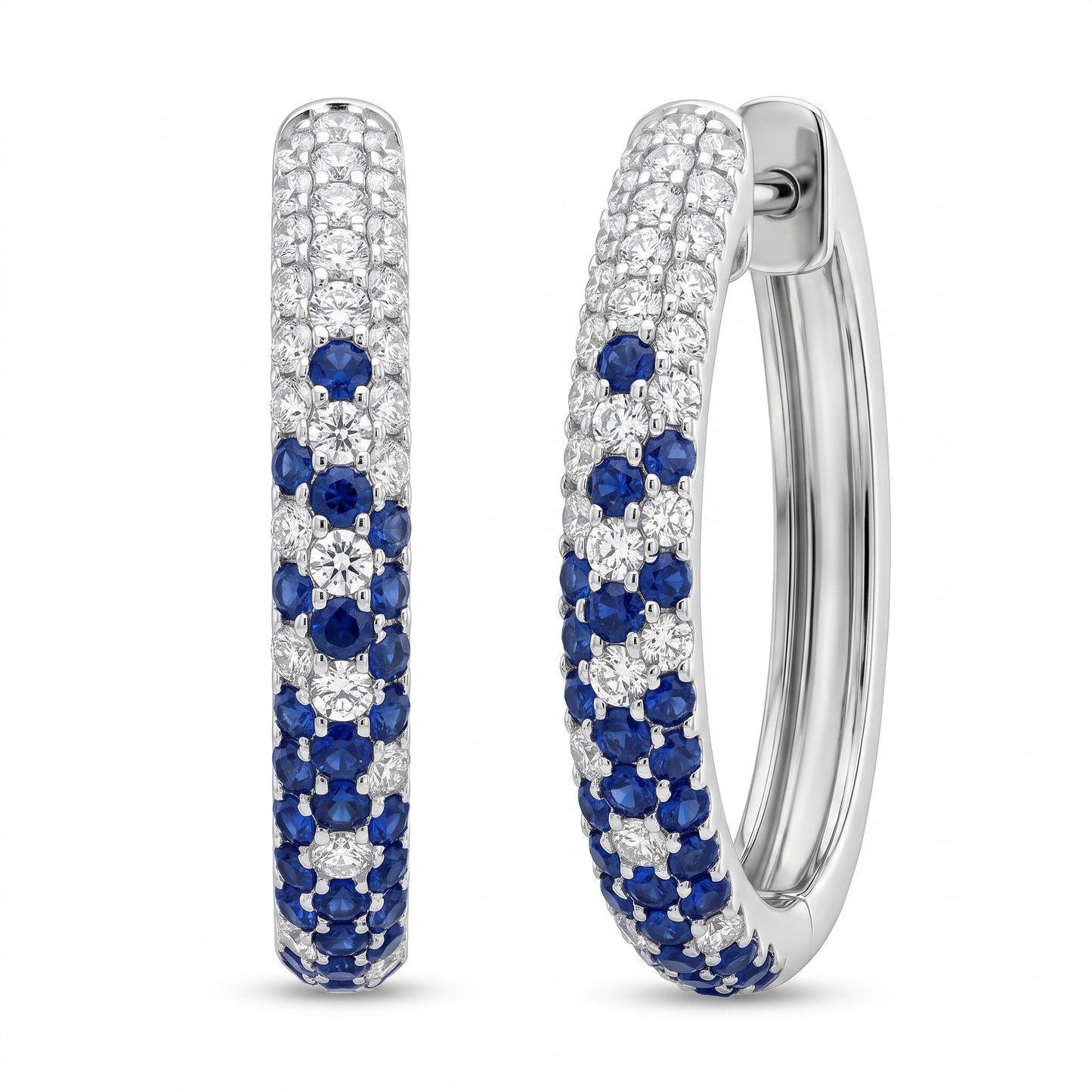 2.61 Carat Sapphire and Diamond Hombre Oval Hoop Earrings in 18K White Gold