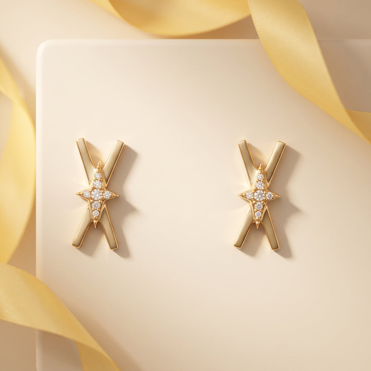 14K Yellow Gold 14-Diamond X-Shape Earrings - Option 1 Custom Scene Prompt (Warm Paper Art)