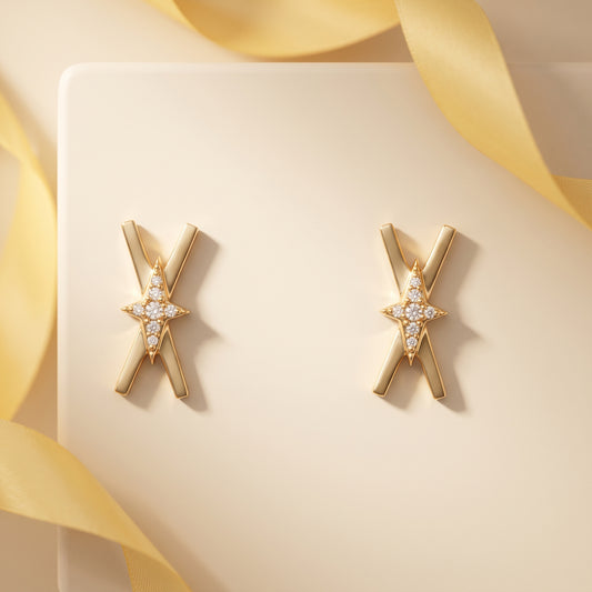 14K Yellow Gold 14-Diamond X-Shape Earrings - Option 1 Custom Scene Prompt (Warm Paper Art)