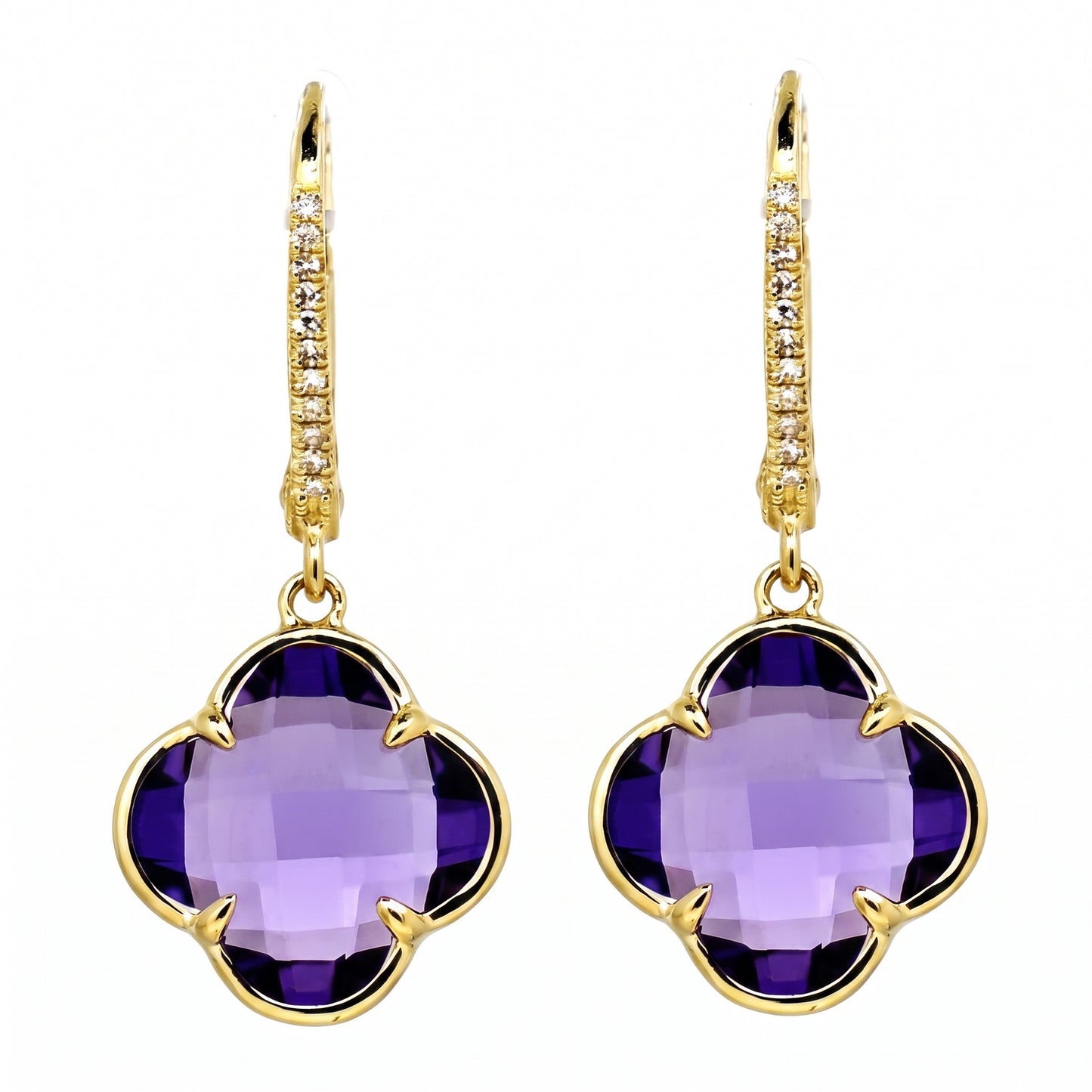 9mm Lily-Cut Amethyst & 22-Diamond Lever-Back Earrings in 14K yellow gold - front view