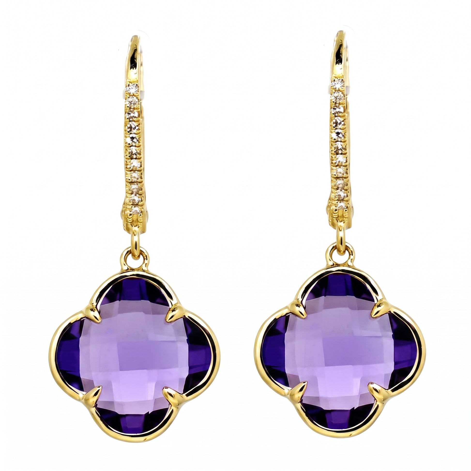 9mm Lily-Cut Amethyst & 22-Diamond Lever-Back Earrings in 14K yellow gold - front view