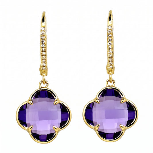 9mm Lily-Cut Amethyst & 22-Diamond Lever-Back Earrings in 14K yellow gold - front view