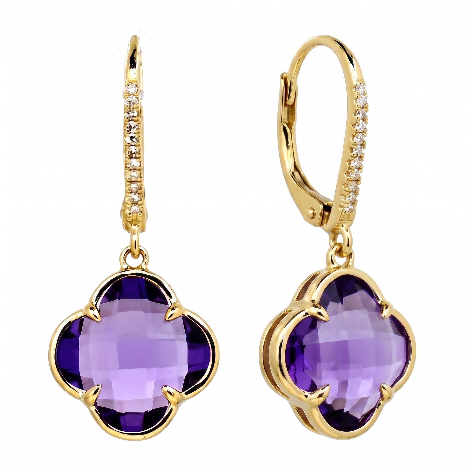 9mm Lily-Cut Amethyst & 22-Diamond Lever-Back Earrings in 14K yellow gold - turned view showing lever-back fitting