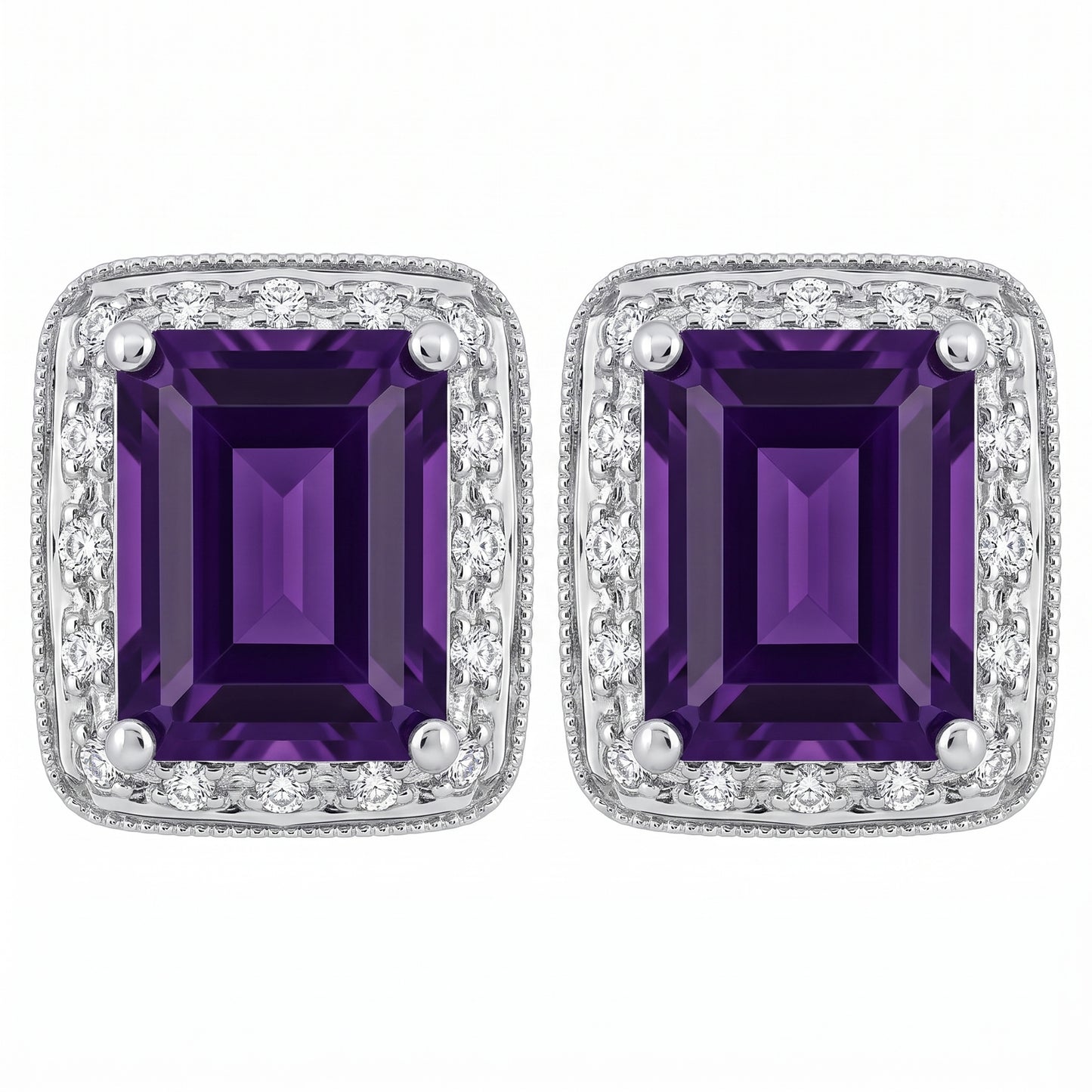 14k white gold emerald-cut amethyst and diamond halo milgrain post earrings, white background