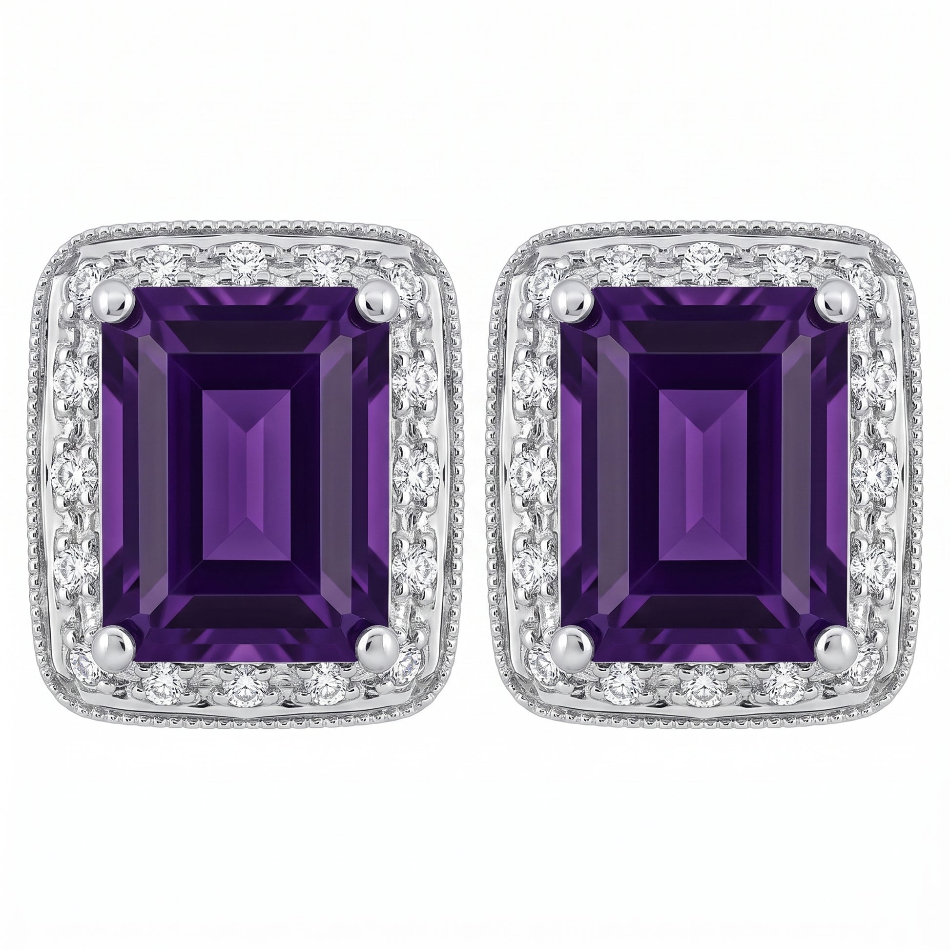 14k white gold emerald-cut amethyst and diamond halo milgrain post earrings, white background