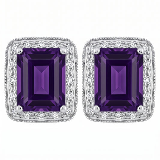 14k white gold emerald-cut amethyst and diamond halo milgrain post earrings, white background