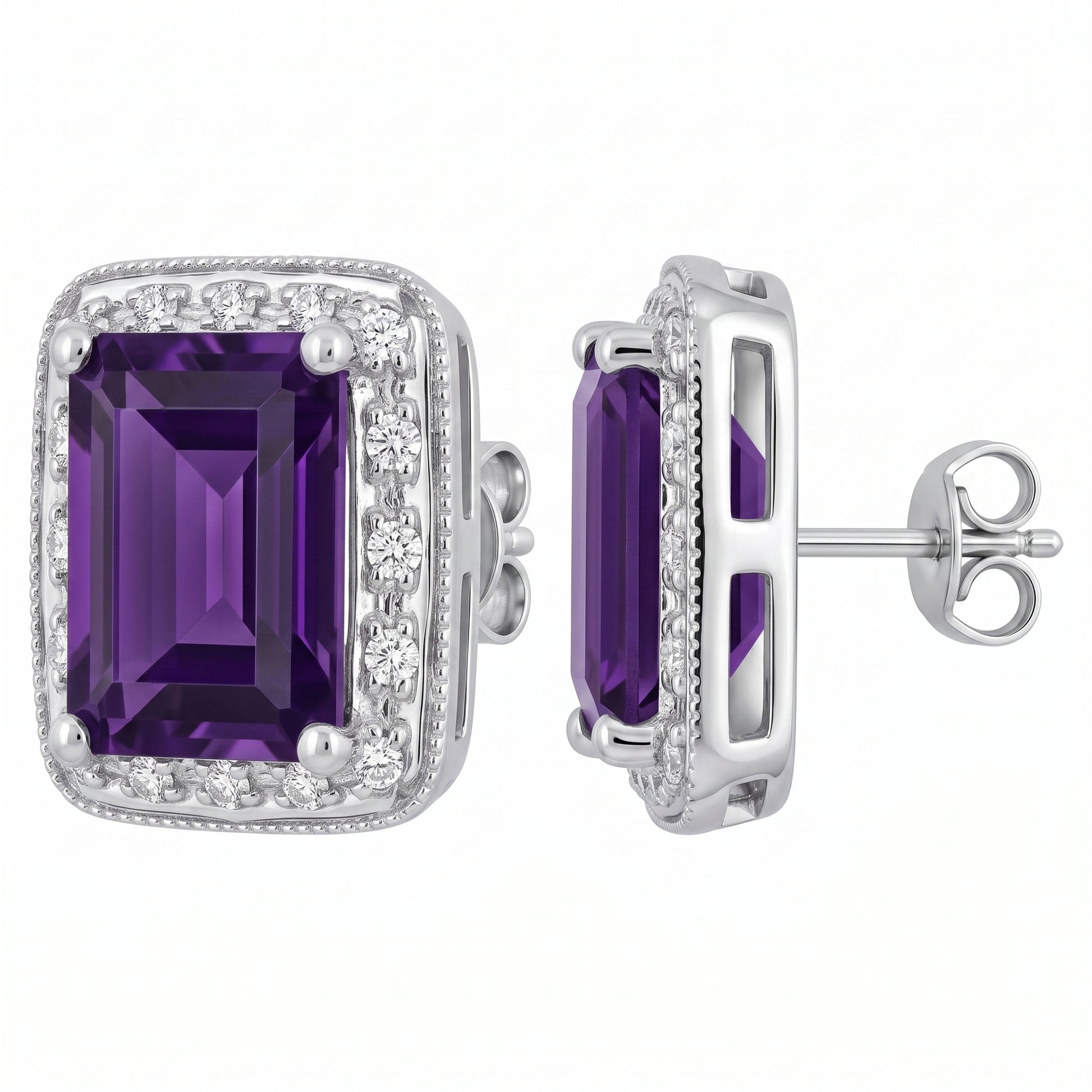 14k white gold emerald-cut amethyst and diamond halo milgrain post earrings, front and side view, white background