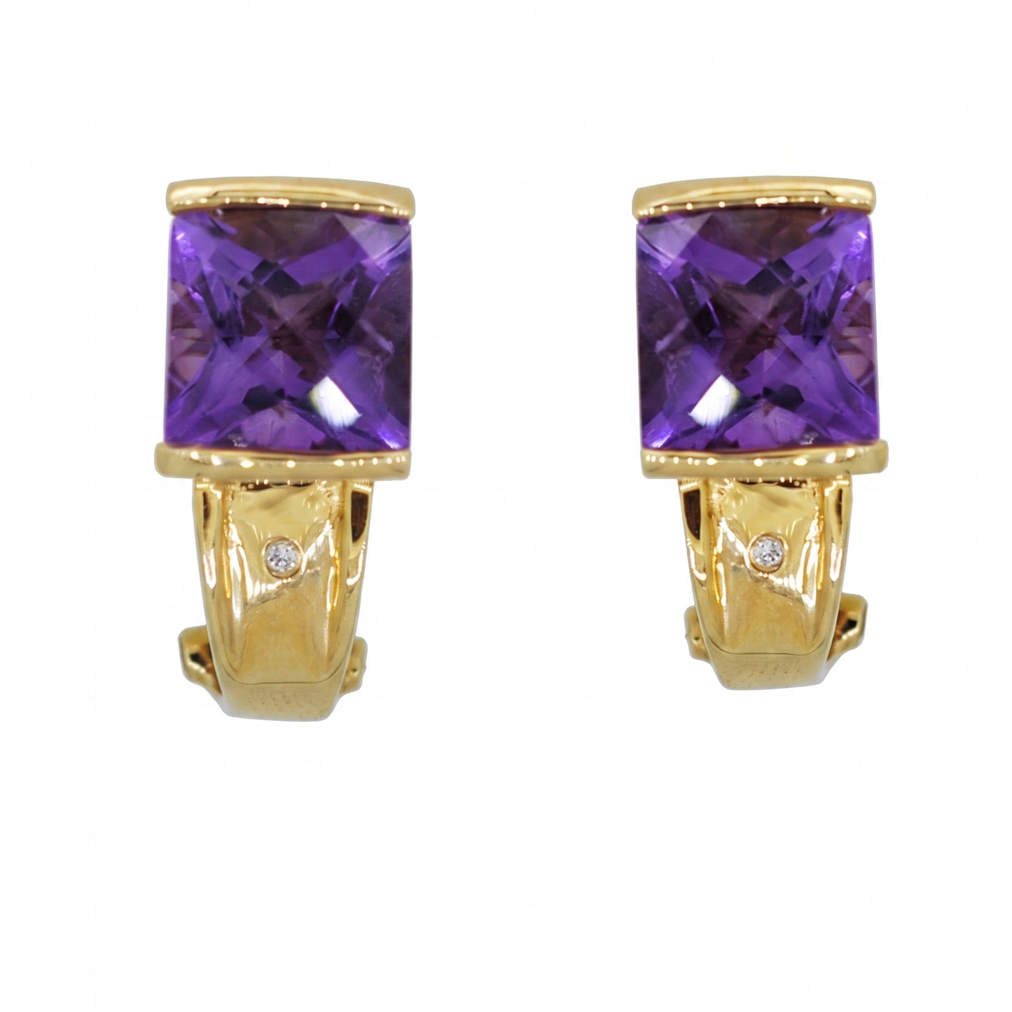 8mm Square Amethyst & Diamond Clip Earrings - white background pair view