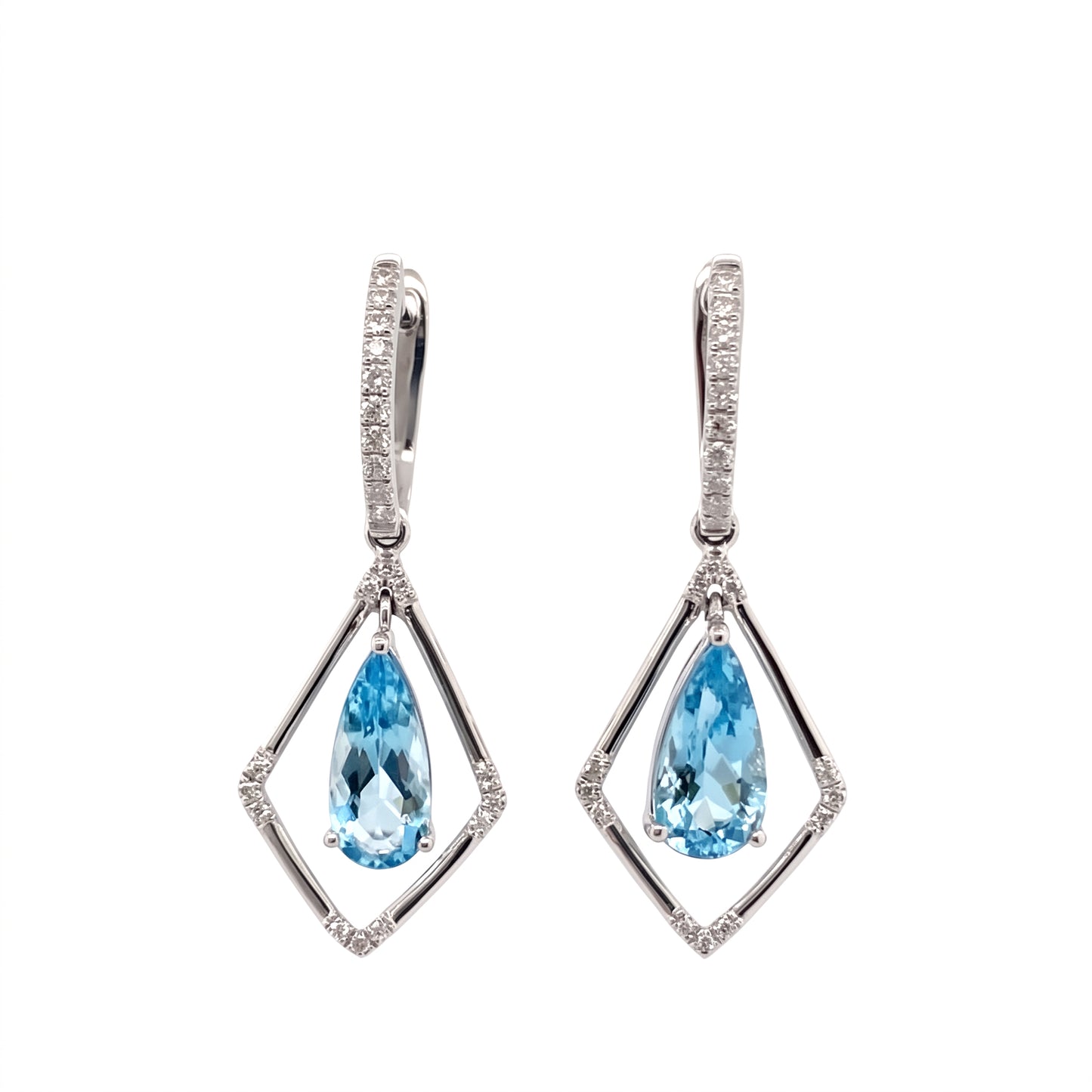 Pear-cut aquamarine and 44-diamond open kite drop earrings in 18K white gold, front view on white