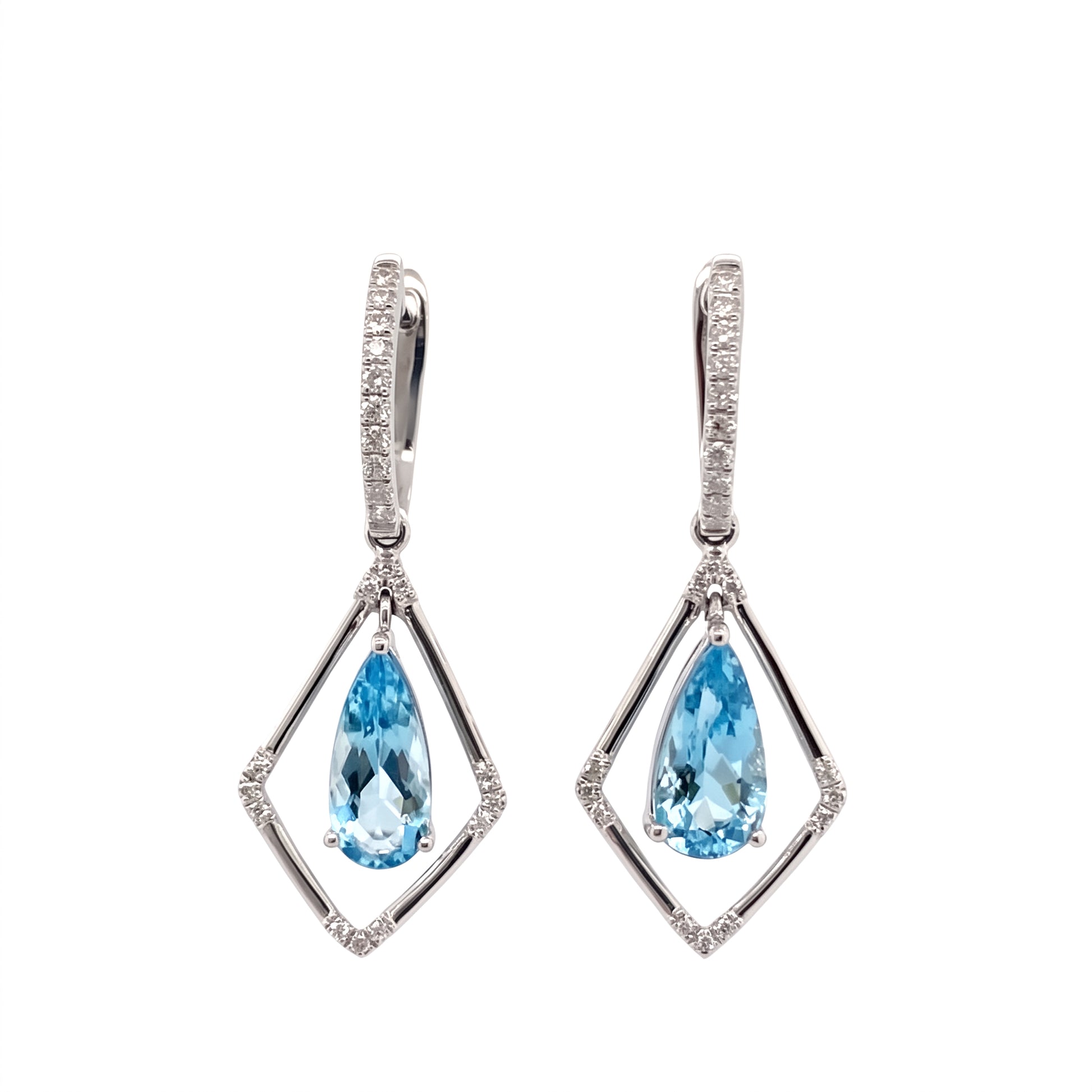 Pear-cut aquamarine and 44-diamond open kite drop earrings in 18K white gold, front view on white