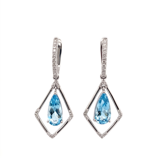 Pear-cut aquamarine and 44-diamond open kite drop earrings in 18K white gold, front view on white
