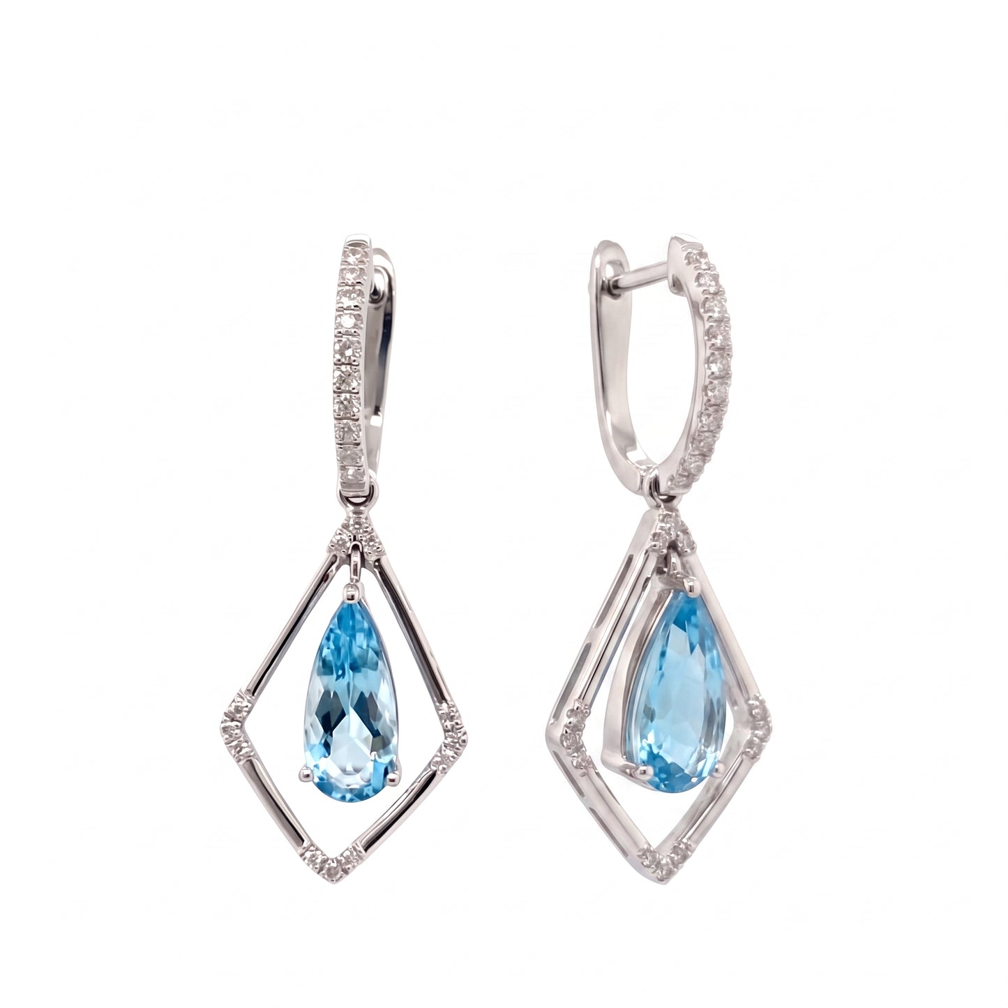 Pear-cut aquamarine and 44-diamond open kite drop earrings in 18K white gold, angled second view on white