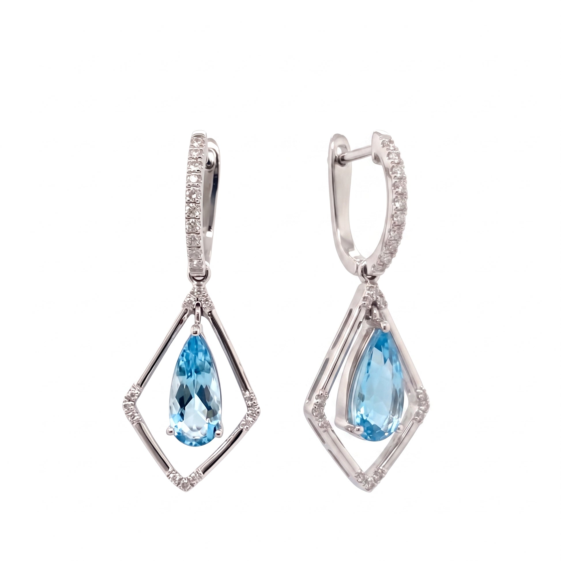 Pear-cut aquamarine and 44-diamond open kite drop earrings in 18K white gold, angled second view on white
