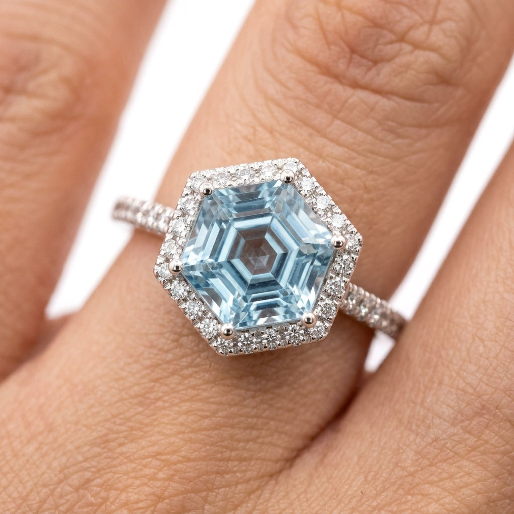 Hexagonal Aquamarine & 38-Diamond Ring