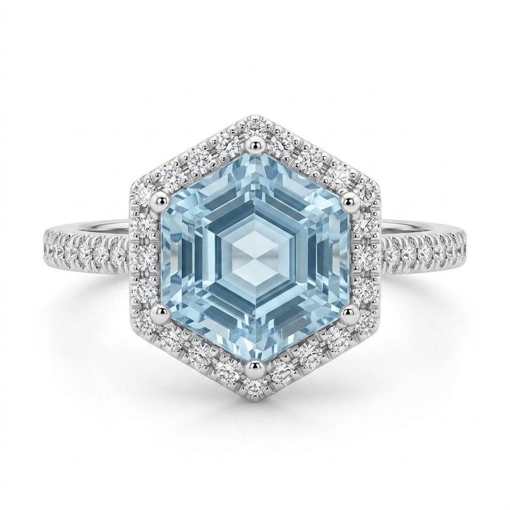 Hexagonal Aquamarine & 38-Diamond Ring