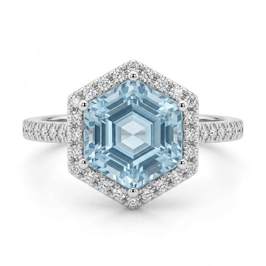 Hexagonal Aquamarine & 38-Diamond Ring