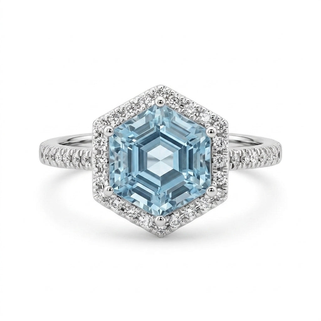 Hexagonal Aquamarine & 38-Diamond Ring