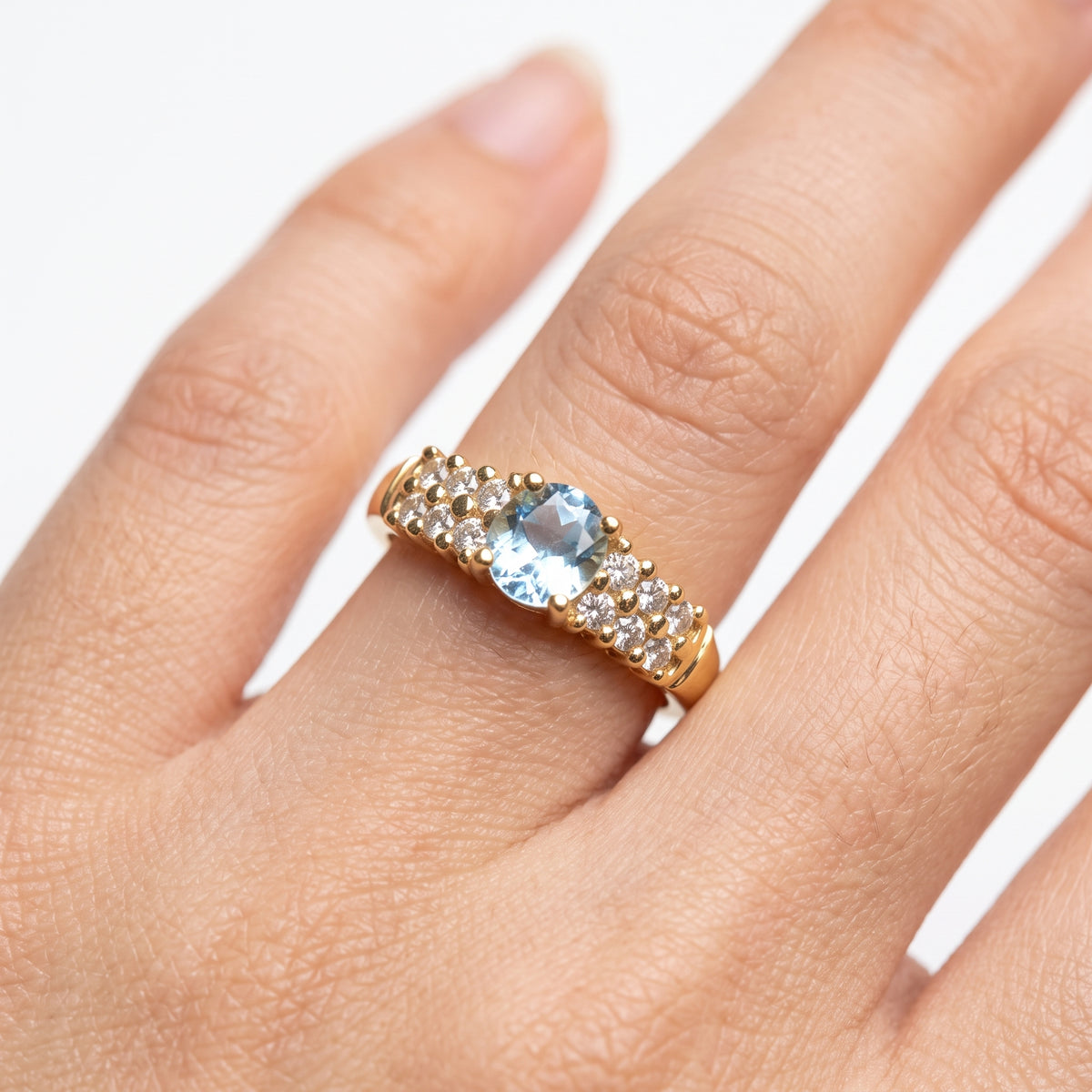 5mm Round Aquamarine & 12-Diamond Band Ring