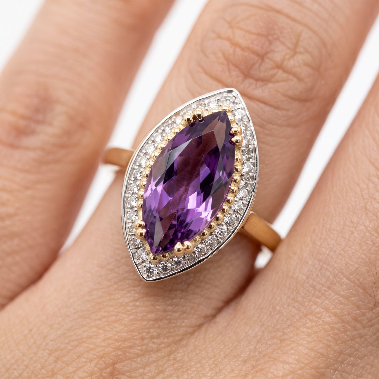 7-14mm Checkerboard-Cut Marquise Amethyst & 32-Diamond Ring