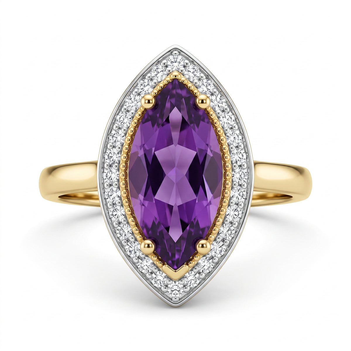7-14mm Checkerboard-Cut Marquise Amethyst & 32-Diamond Ring