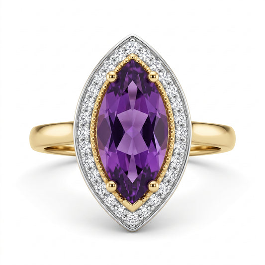 7-14mm Checkerboard-Cut Marquise Amethyst & 32-Diamond Ring