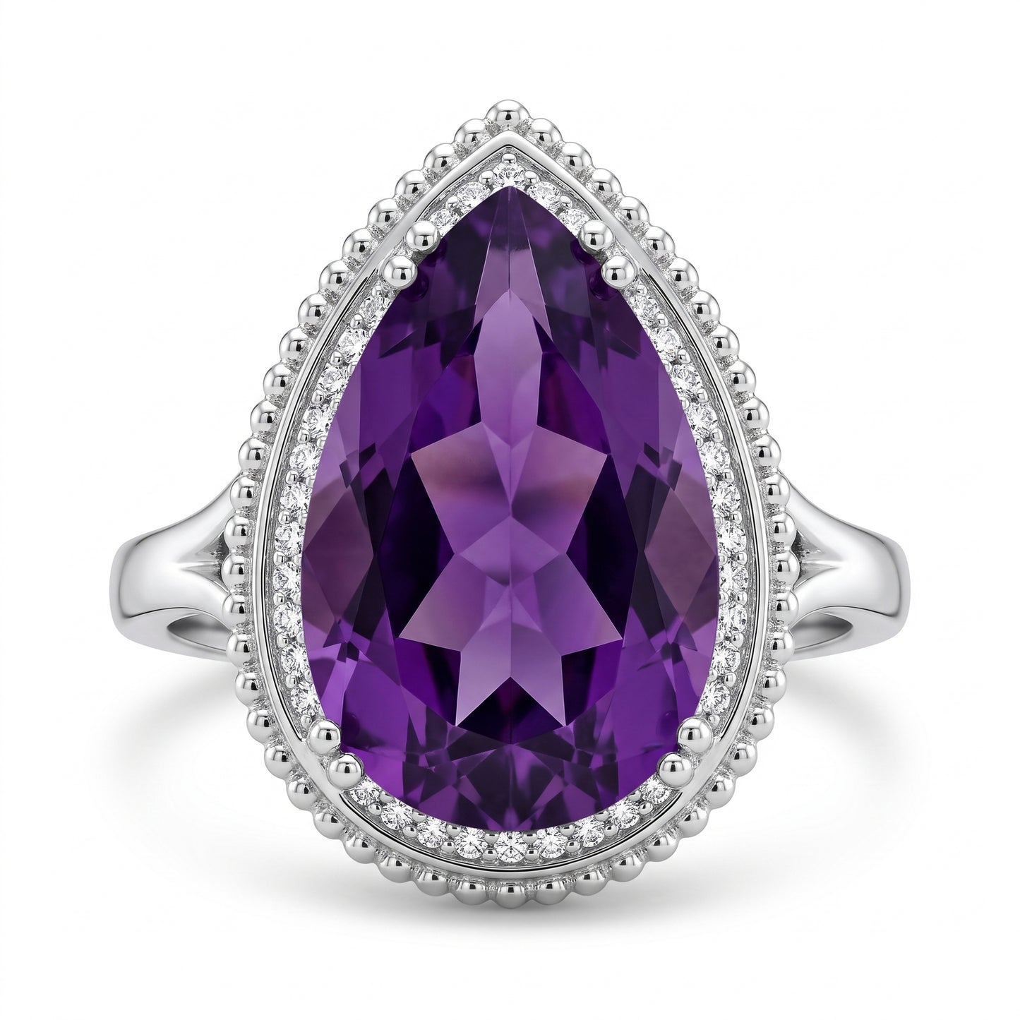10x16mm Checkerboard-Cut Pear Amethyst & 27-Diamond Rope Edge Ring