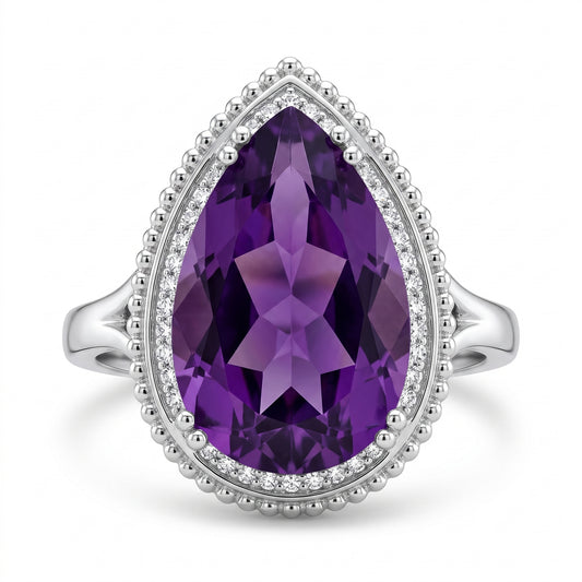 10x16mm Checkerboard-Cut Pear Amethyst & 27-Diamond Rope Edge Ring