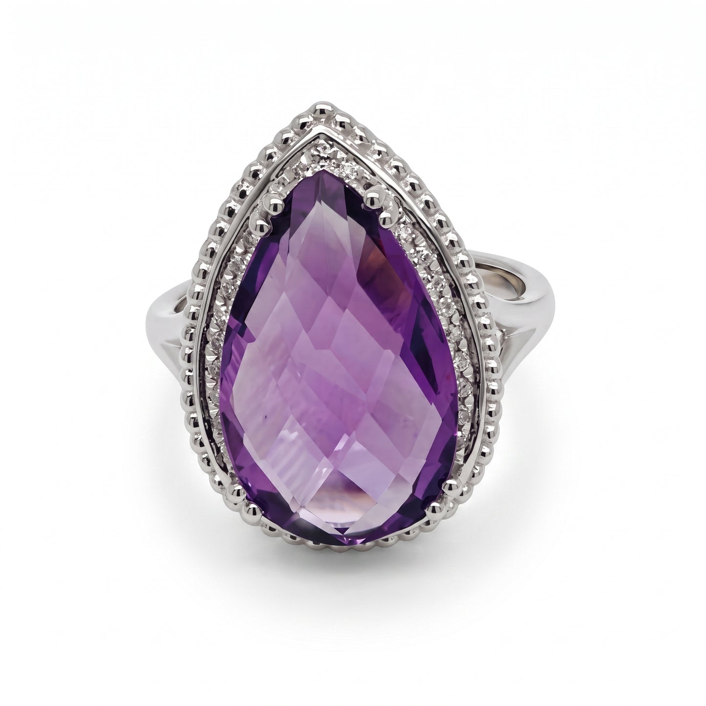 10x16mm Checkerboard-Cut Pear Amethyst & 27-Diamond Rope Edge Ring
