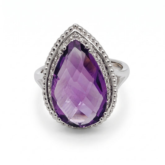 10x16mm Checkerboard-Cut Pear Amethyst & 27-Diamond Rope Edge Ring