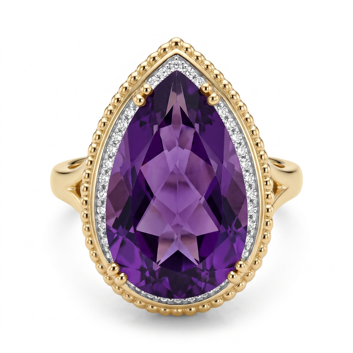 10x16mm Checkerboard-Cut Pear Amethyst & 27-Diamond Rope Edge Ring