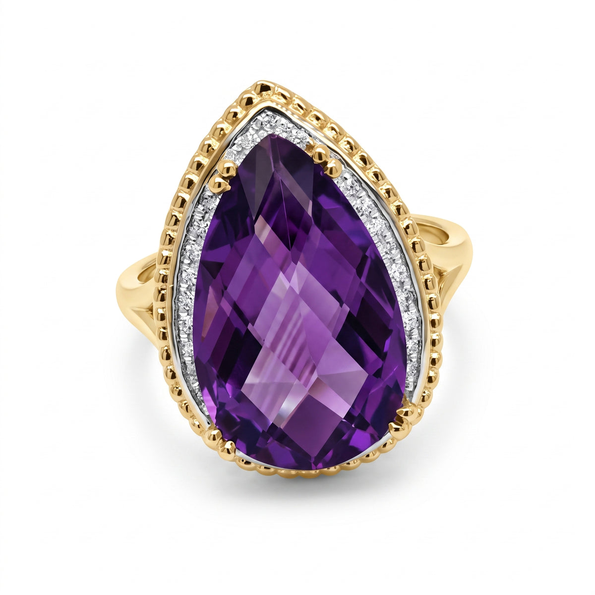 10x16mm Checkerboard-Cut Pear Amethyst & 27-Diamond Rope Edge Ring