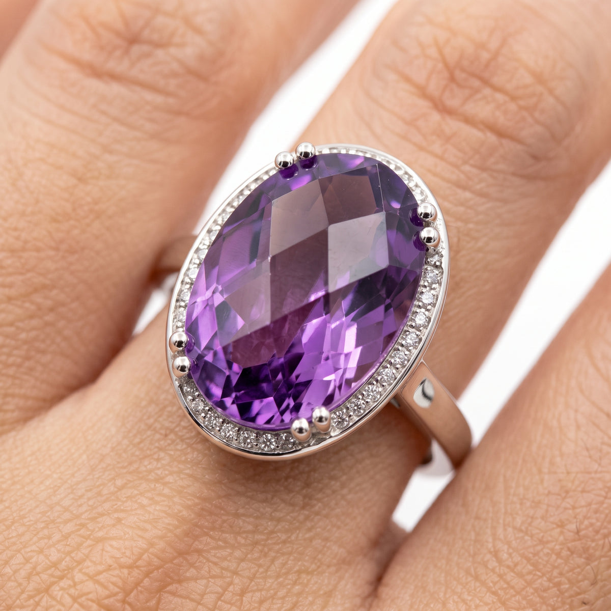 10x15mm Checkerboard-Cut Oval Amethyst & 26-Diamond Ring