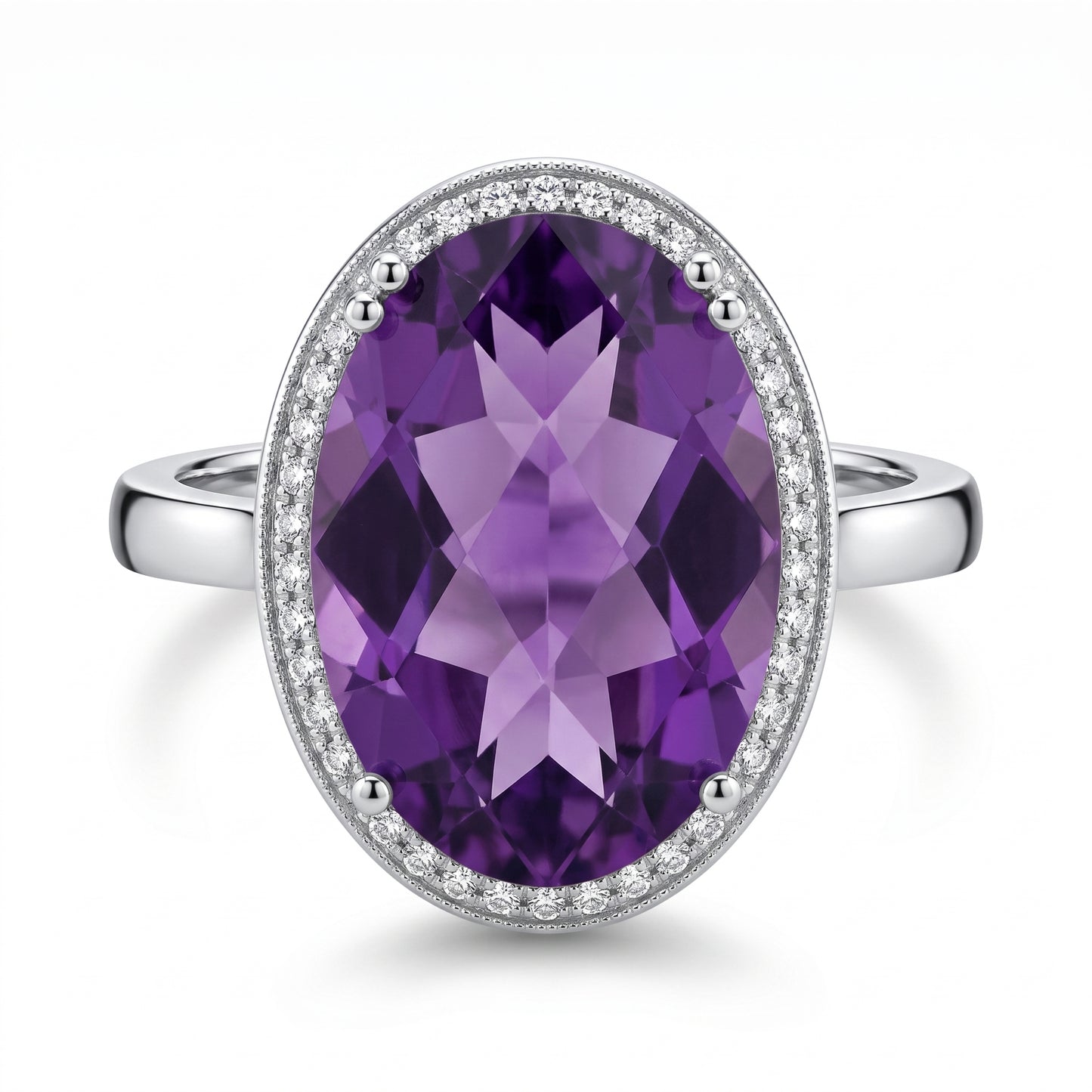 10x15mm Checkerboard-Cut Oval Amethyst & 26-Diamond Ring