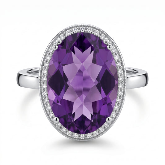 10x15mm Checkerboard-Cut Oval Amethyst & 26-Diamond Ring
