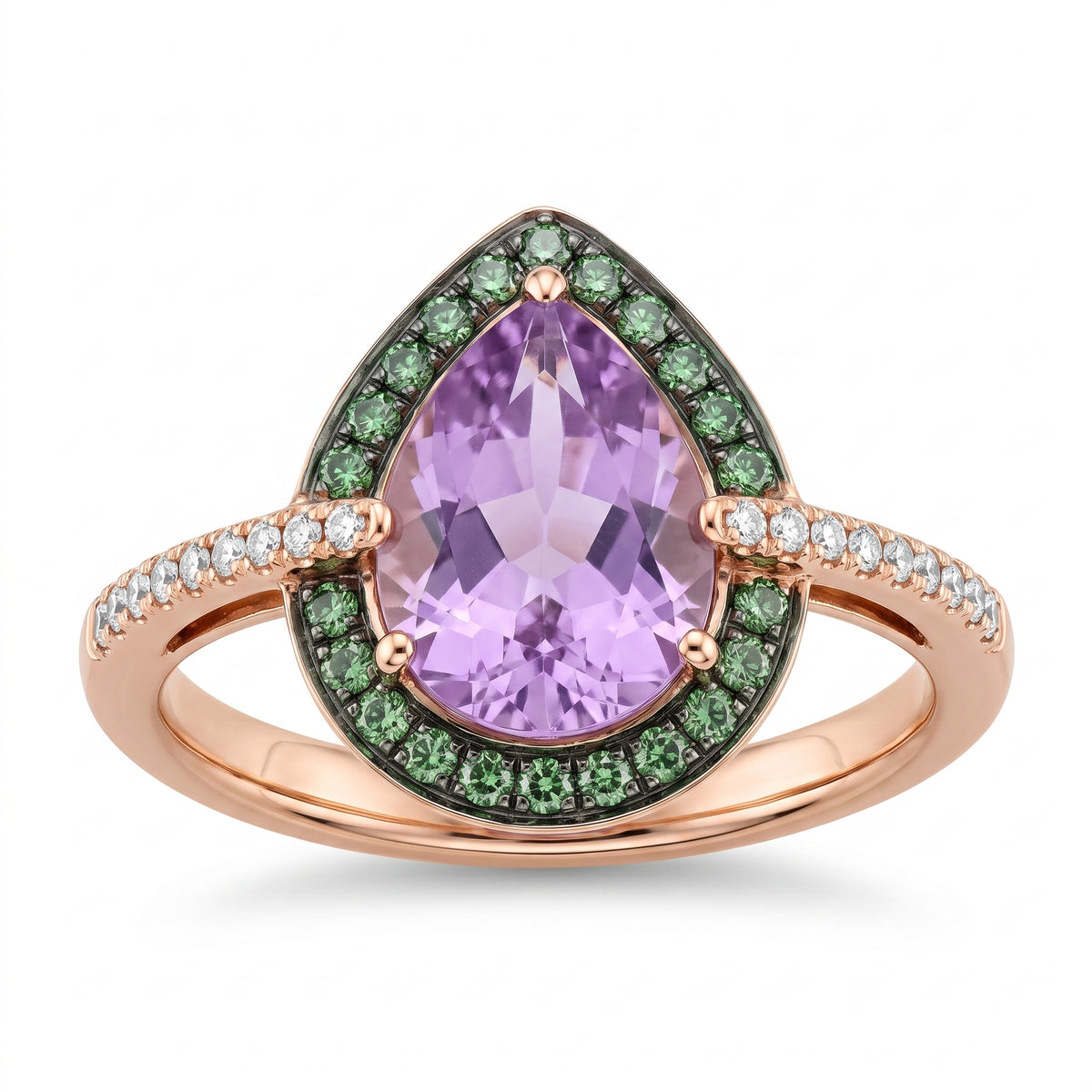 Pear Amethyst & 20 Round Diamonds, 22 Green Garnet Ring