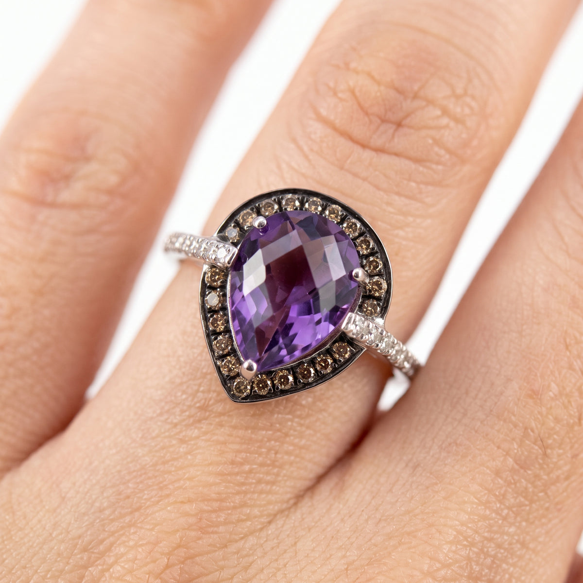Pear Amethyst & 20 Round, 22 Brown Diamond Ring