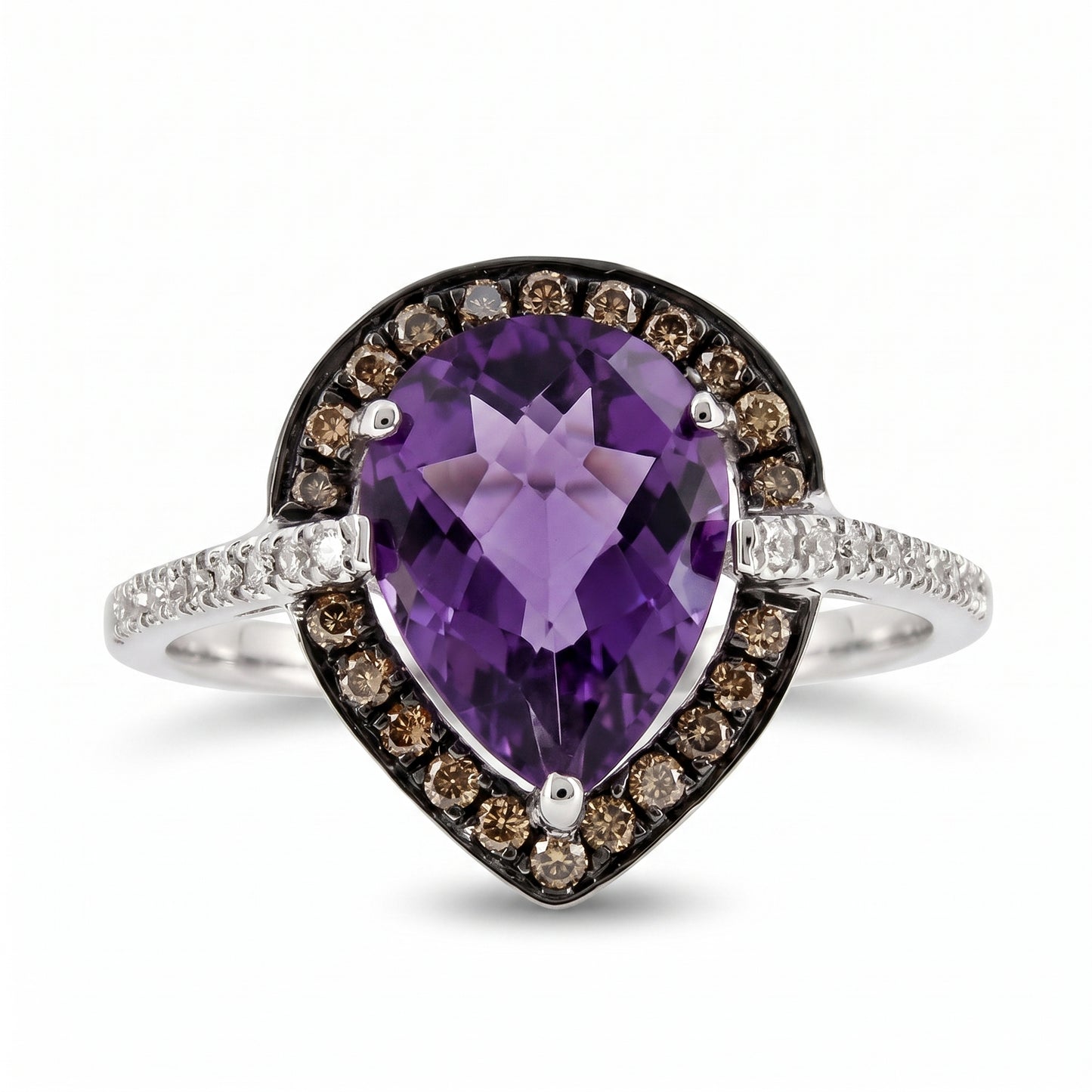 Pear Amethyst & 20 Round, 22 Brown Diamond Ring