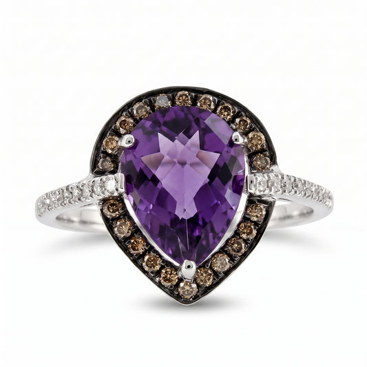 Pear Amethyst & 20 Round, 22 Brown Diamond Ring