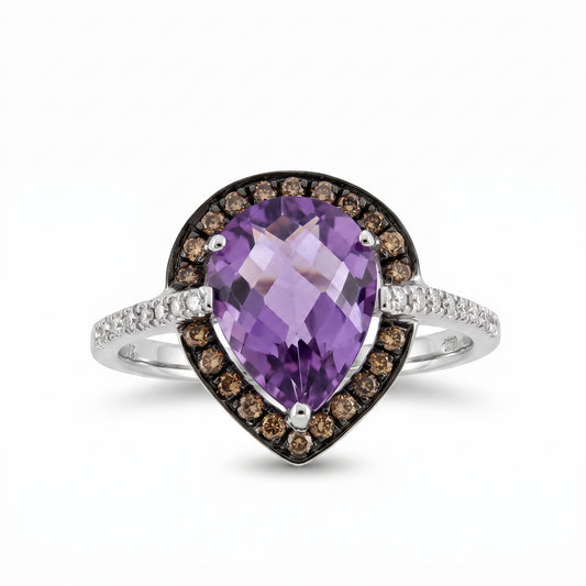 Pear Amethyst & 20 Round, 22 Brown Diamond Ring