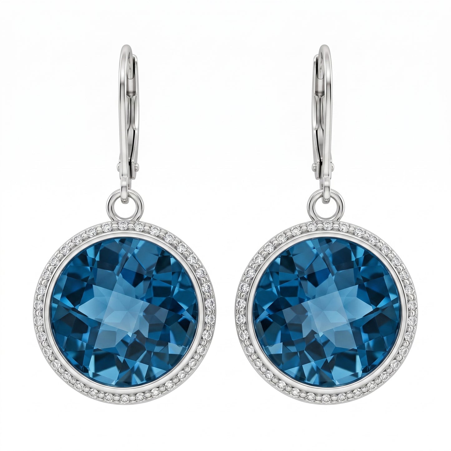 14k white gold checkerboard blue topaz and round diamond halo lever-back earrings, white background