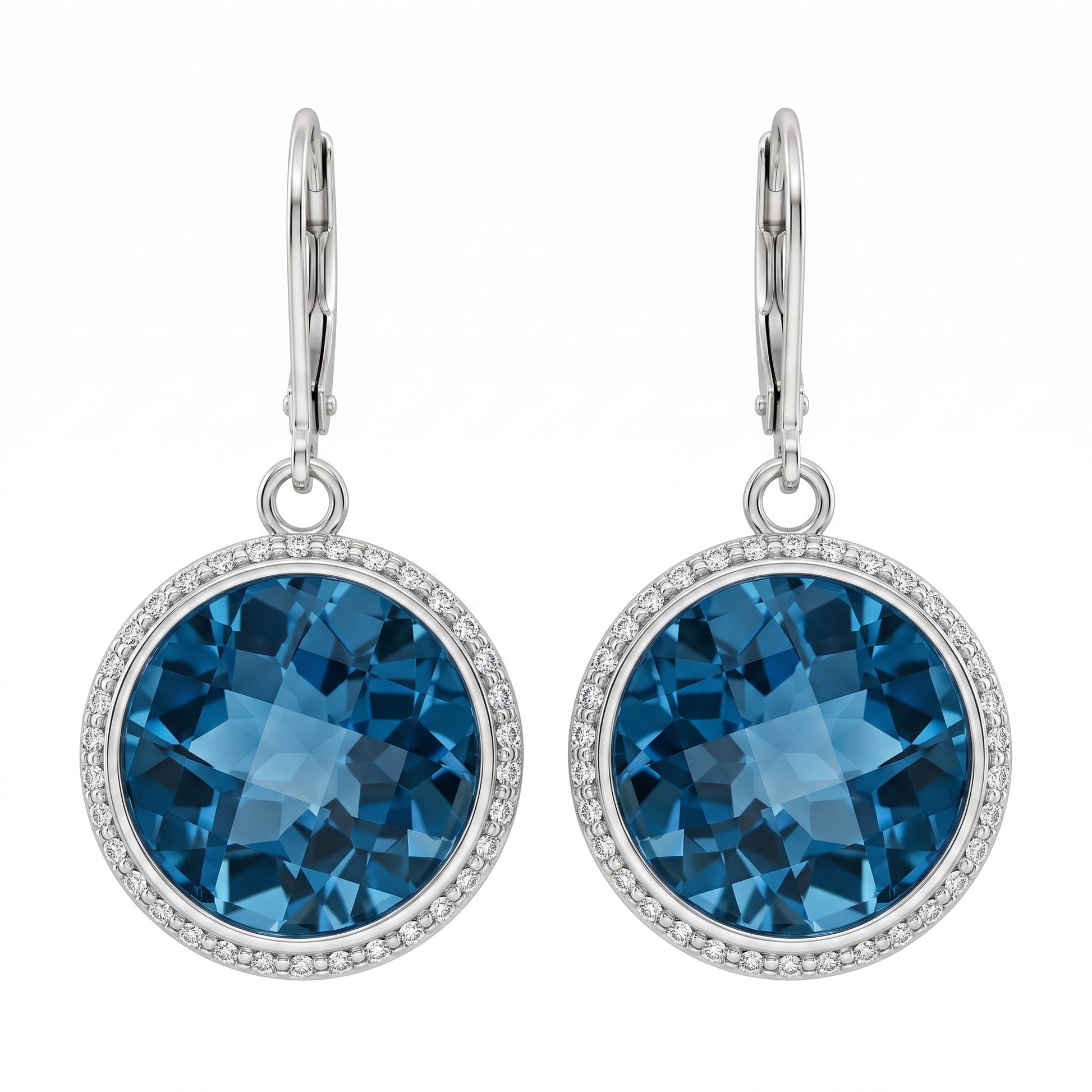 14k white gold checkerboard blue topaz and round diamond halo lever-back earrings, white background