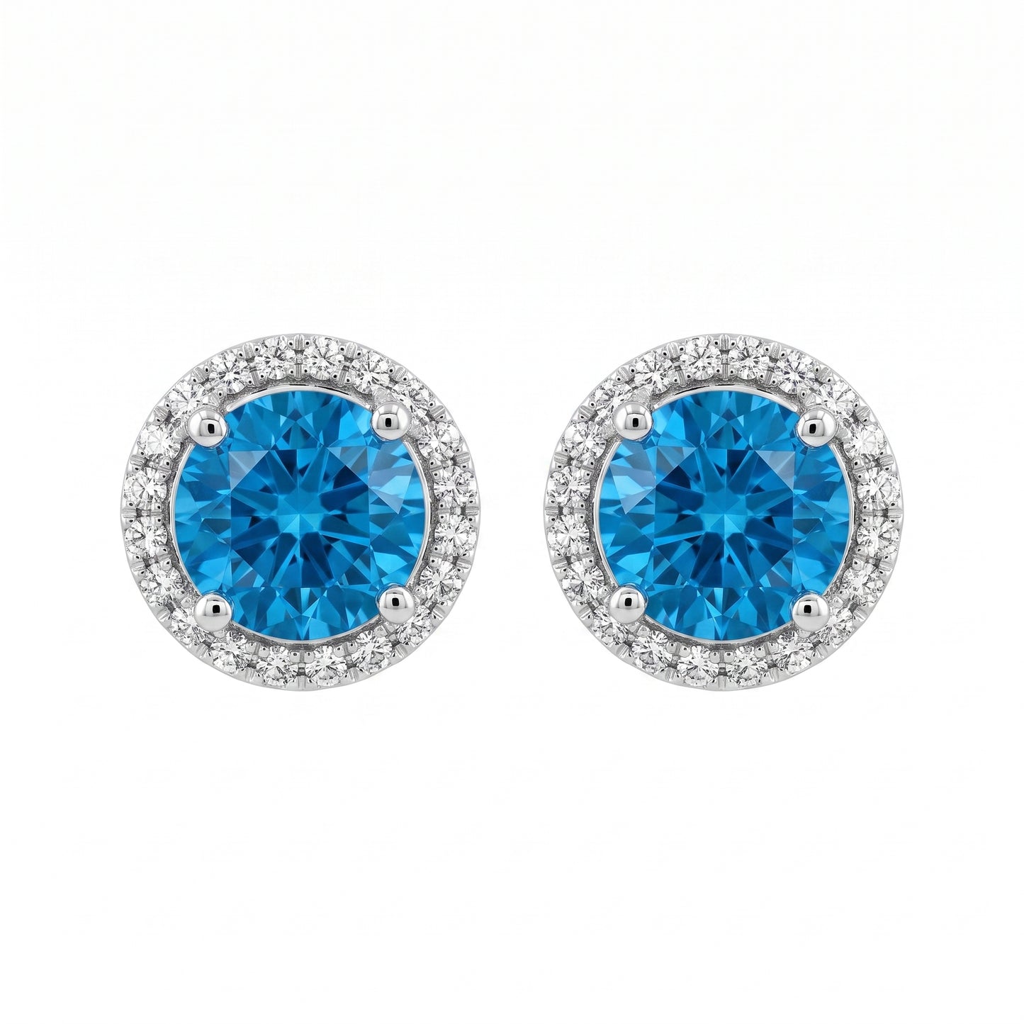 6mm Round Blue Topaz & 40-Diamond Halo Post Earrings in 14K white gold - front view