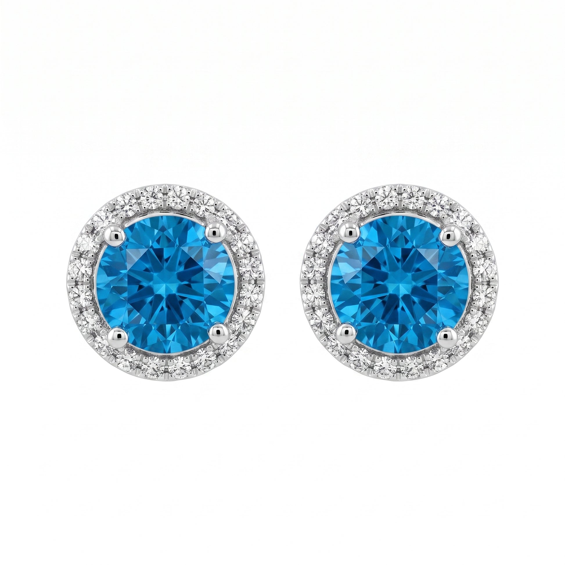 6mm Round Blue Topaz & 40-Diamond Halo Post Earrings in 14K white gold - front view