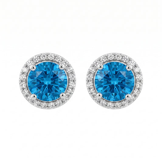 6mm Round Blue Topaz & 40-Diamond Halo Post Earrings in 14K white gold - front view